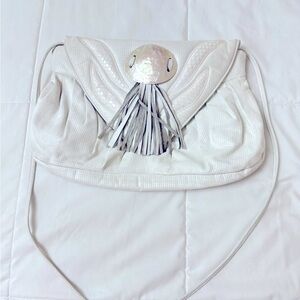 Vintage 80s Cream Abalone Shell & Tassel Accent Shoulder Purse Bag Granny Kitsch